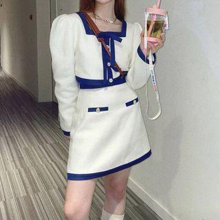 Long-sleeve Contrast Trim Tie-neck Jacket / Contrast Trim Mini Skirt