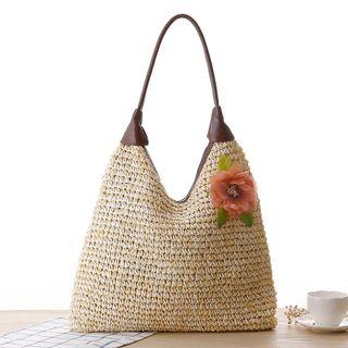Flower Accent Woven Shopper Bag