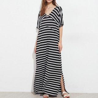 V-neck Elbow Sleeve Striped Maxi Dress