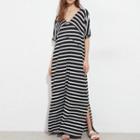 V-neck Elbow Sleeve Striped Maxi Dress