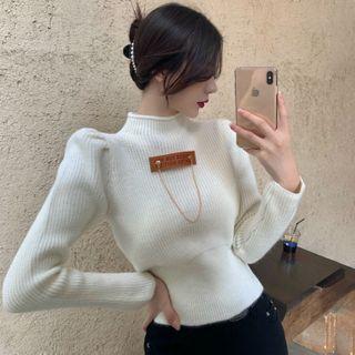 Mock-neck Puff-sleeve Crop Knit Top