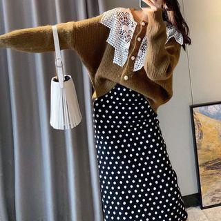 Set: Lace Trim Cardigan + Dotted Midi Skirt As Shown In Figure - One Size