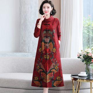 Long-sleeve Frog-button Floral Smock Dress