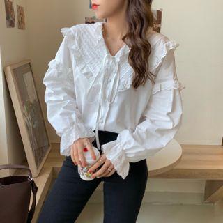 V-neck Crochet Trim Ruffled Blouse White - One Size