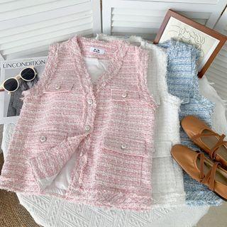 Tweed Fray-trim Button-up Vest