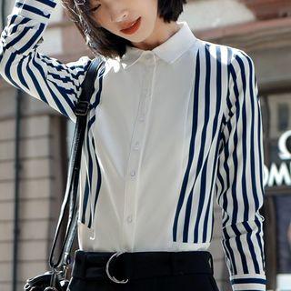 Striped Panel Shirt / Cropped Dress Pants / Set