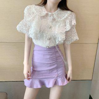 Doll Collar Short-sleeved Lace Top / Skirt