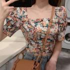 Short-sleeve Flower Print Bow Back Cropped Blouse