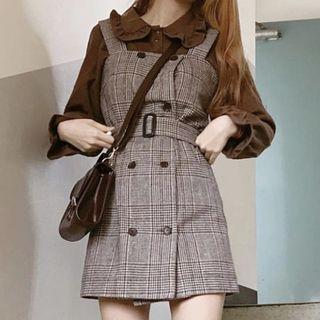Bell-sleeve Shirt / Plaid Mini Jumper Dress