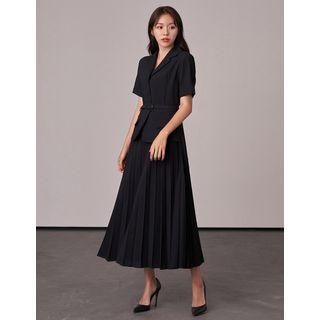 Belted Pleated Maxi Blazer Dress