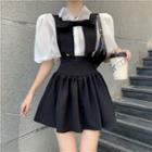 Short-sleeve Plain Blouse / Bow Accent Mini Overall Dress