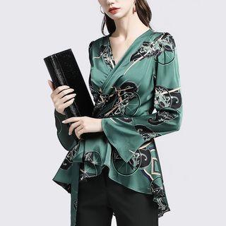 Printed Flared-sleeve Peplum Top