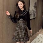 Long-sleeve Velvet Panel Plaid Double-breasted Dress