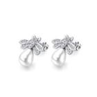 Fashion Elegant Bee Pearl Stud Earrings With Cubic Zirconia Silver - One Size