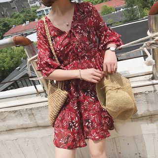 Pattern V-neck Chiffon Dress