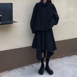 Long-sleeve Plain Shirt / Asymmetrical Hem Midi Skirt
