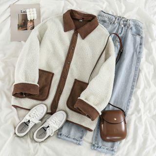 Removable Collar Fleece Jacket / Straight-leg Jeans