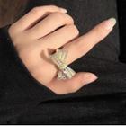 Rhinestone Beaded Bow Open Ring 1 Pc - Gold - One Size