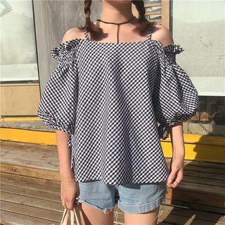 Gingham Off-shoulder Lantern-sleeve Blouse
