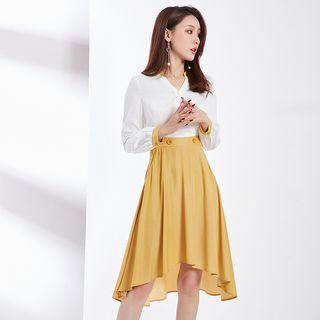 Two-tone Long-sleeve Midi A-line High-low Dress