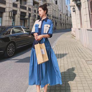 Short-sleeve Henley Color Block Midi Shirt Dress