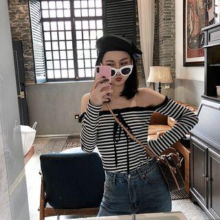 Off-shoulder Striped Long-sleeve T-shirt Stripe - Black & White - One Size