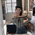 Off-shoulder Striped Long-sleeve T-shirt Stripe - Black & White - One Size