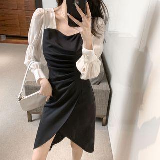 Long-sleeve Square-neck Two-tone Sheath Dress