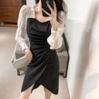 Long-sleeve Square-neck Two-tone Sheath Dress