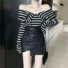 Striped V-neck Long-sleeve Knit Top / Irregular Skirt