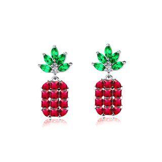 Fashion Creative Pineapple Stud Earrings With Red Cubic Zirconia Silver - One Size