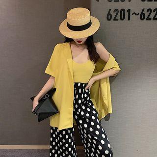 Set: Plain Light Jacket + Camisole Top + Polka Dot Pants