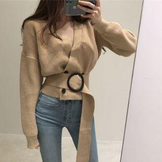 Long-sleeve Tie-waist Single-breast Cardigan