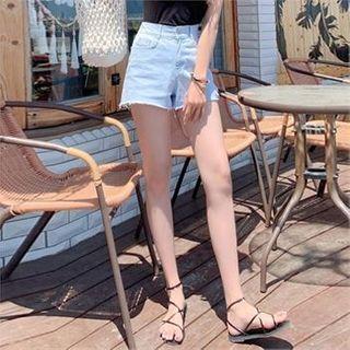 Paisley-trim Distressed Denim Shorts