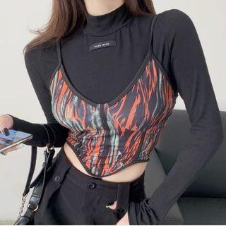 Set: Long-sleeve Lettering Mock-neck Top + Zebra Print Camisole Top