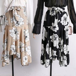 Flower-print Asymmetric Midi Skirt