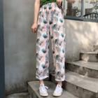 Plain Short Sleeve Cropped T-shirt / Floral Print Wide Leg Pants