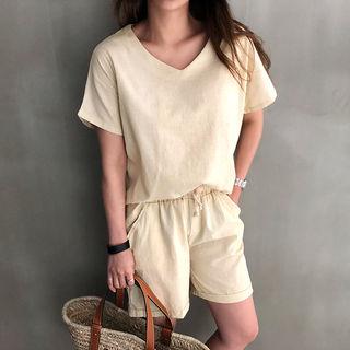 Set: Linen Blend V-neck T-shirt + Drawcord-waist Shorts
