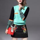 Set: Patterned Color Block Sweater + Floral Embroidered A-line Mini Skirt