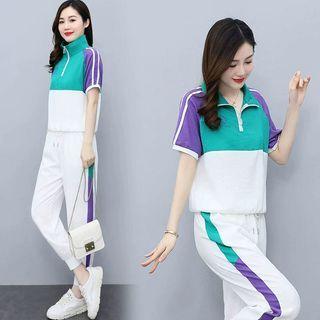 Set; Short-sleeve Stripe Trim Half-zip Polo Shirt + Sweatpants