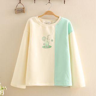 Two-tone Juice Print Sweatshirt With Lining - Green & Beige - One Size
