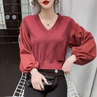 Mock Two-piece Puff-sleeve Knit Panel Top