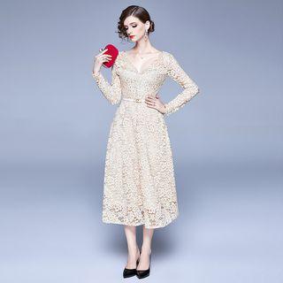 V-neck Long-sleeve A-line Midi Lace Dress