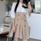 Puff-sleeve Collared Plaid Panel Double-breasted Dress