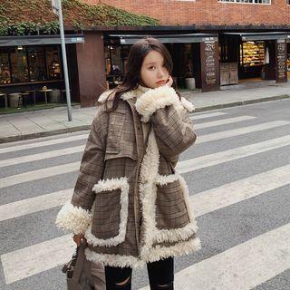Faux Shearling Panel Plaid Zip Jacket