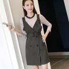 Set: 3/4 Sleeve Knit Top + Sleeveless Double Breast Shift Dress