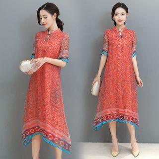 Elbow-sleeve Patterned Midi Qipao Dress