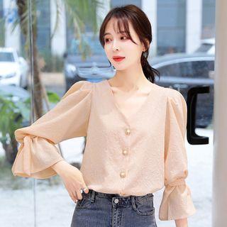 Long-sleeve V-neck Ruffled Blouse