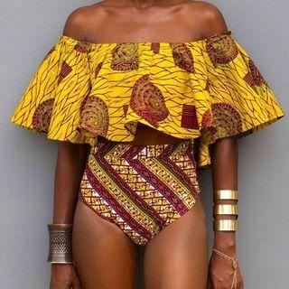 Swim Set: Off-shoulder Top + Patterned Panties