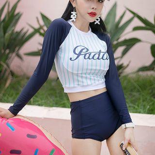 Set: Lettering Rashguard + High-waist Bikini Bottom